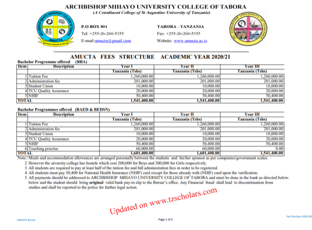 AMUCTA Fees Structure For Academic Year 2022/2023