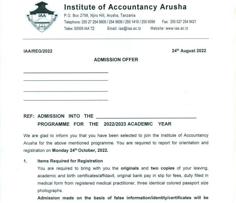 The preview of the Institute of Accountancy Arusha Joining Instruction 2022/2023