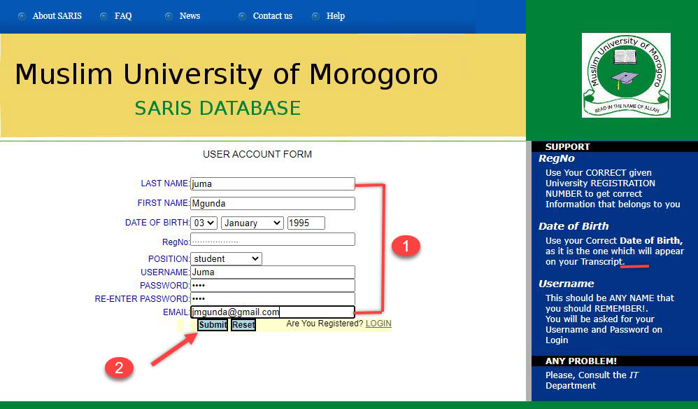Muslim University of Morogoro student academic registration information system Registration form